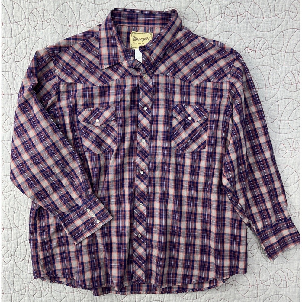 VTG Wrangler Western Shirt Blue Orange‎ Plaid Pearl Snap / Men's 3XL